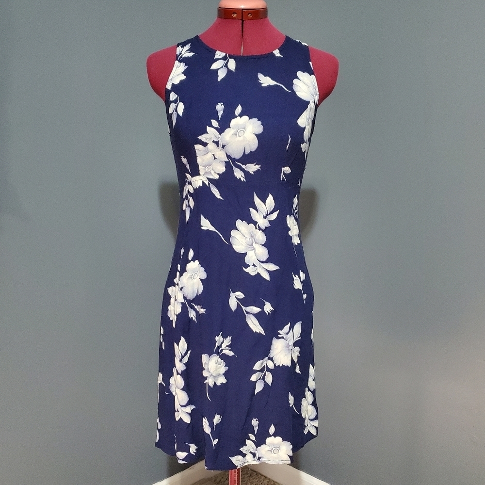 Vintage Tickets Clothing Skater Dress Navy Blue Floral Rayon Zip Back Size Small